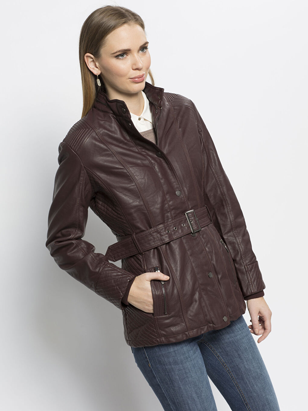 Bordo Deri Görünümlü Mont