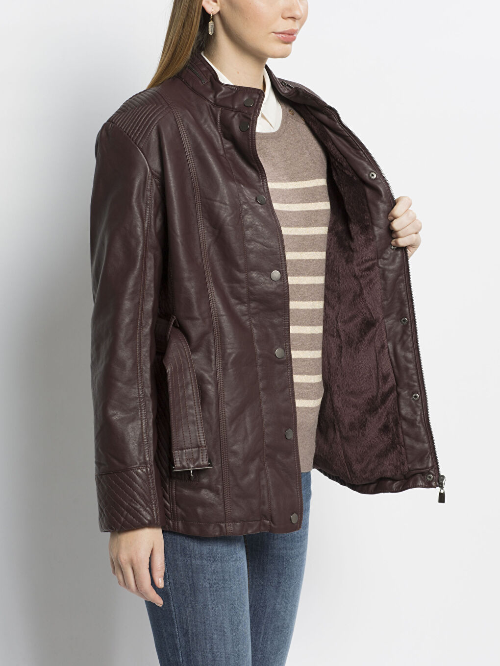 Bordo Deri Görünümlü Mont-1