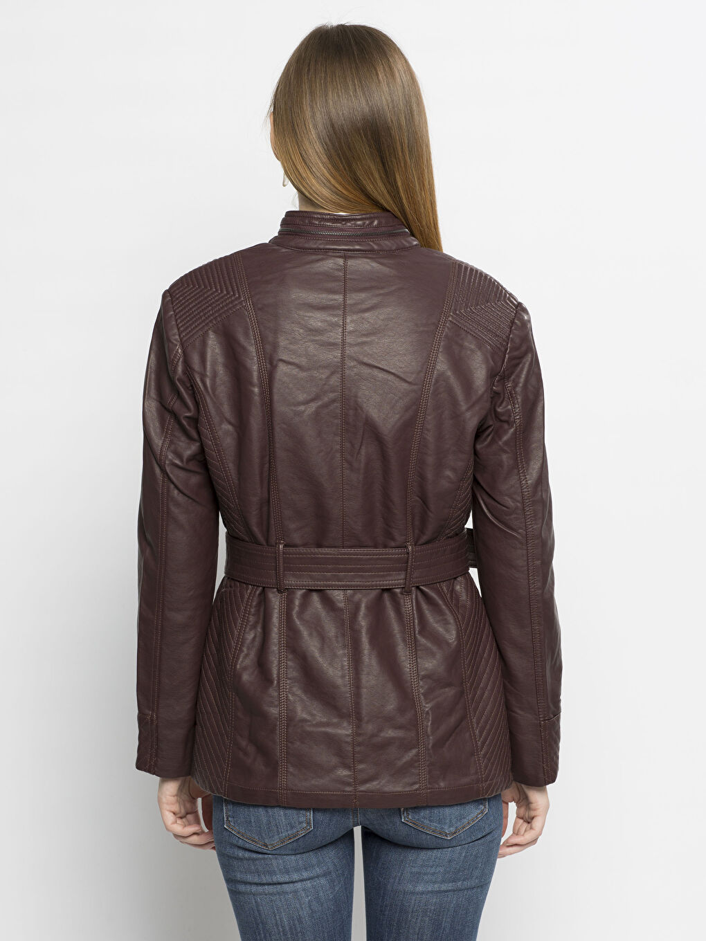 Bordo Deri Görünümlü Mont-2