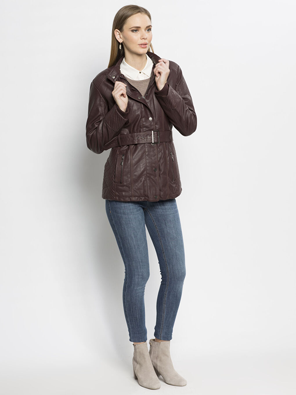 Bordo Deri Görünümlü Mont-3