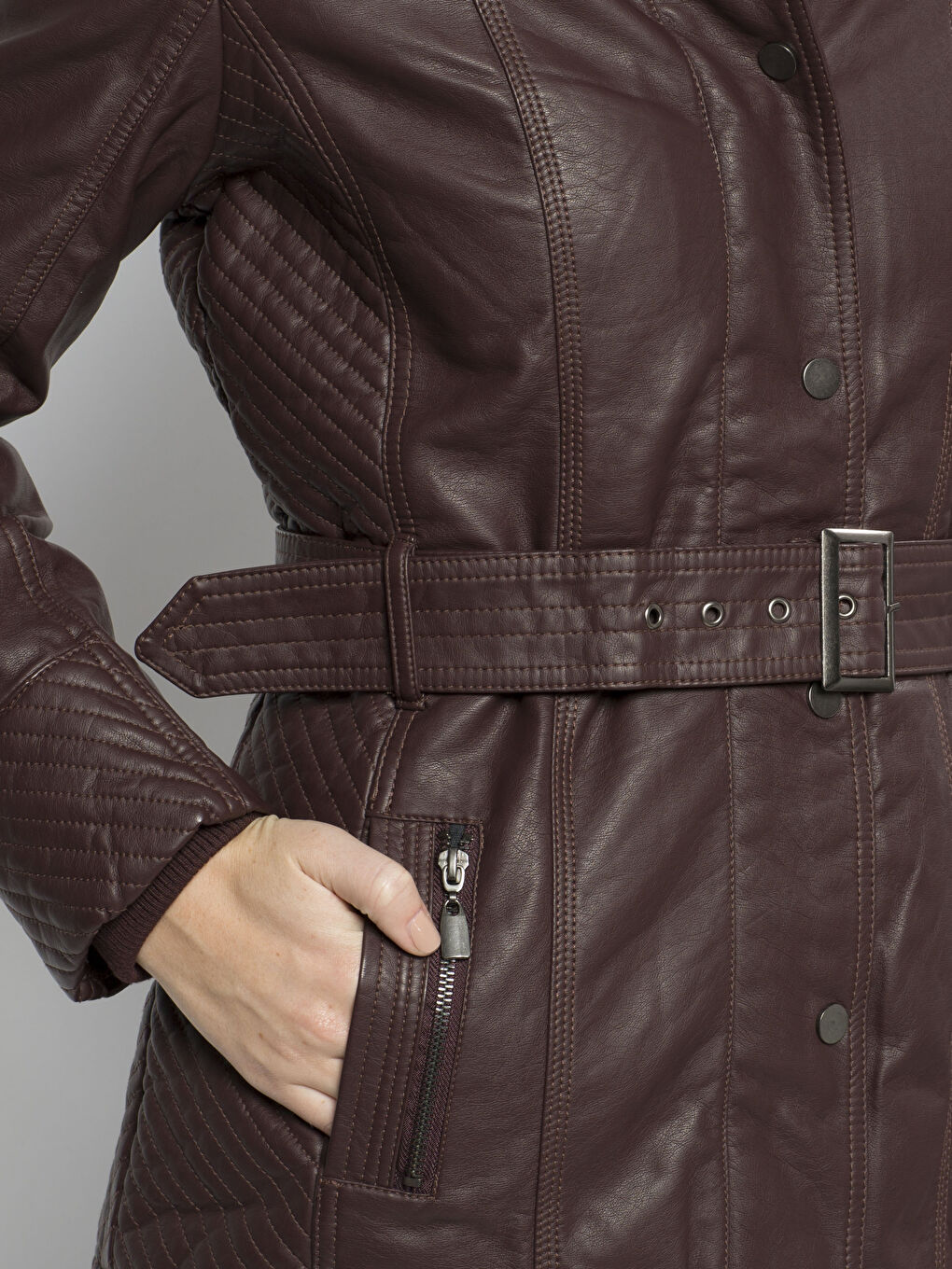 Bordo Deri Görünümlü Mont-4