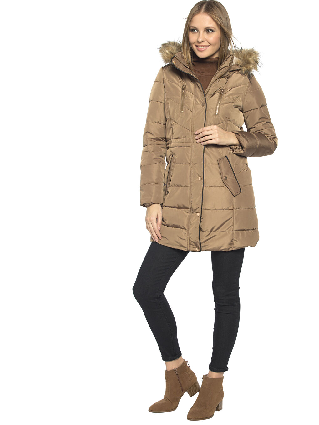 Kahverengi Sütlü Kahve Şişme Mont-3