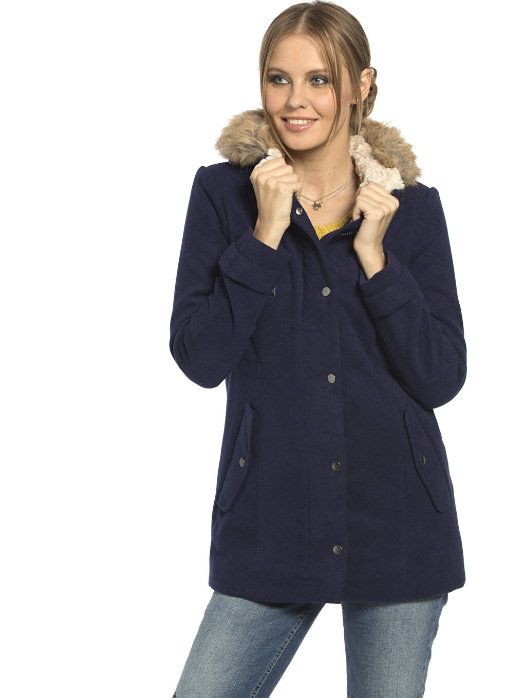 Lacivert Kapüşonlu Düz Uzun Kollu Kadın Kaban