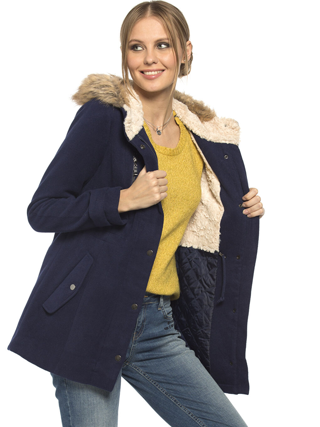 Lacivert Kapüşonlu Düz Uzun Kollu Kadın Kaban-1