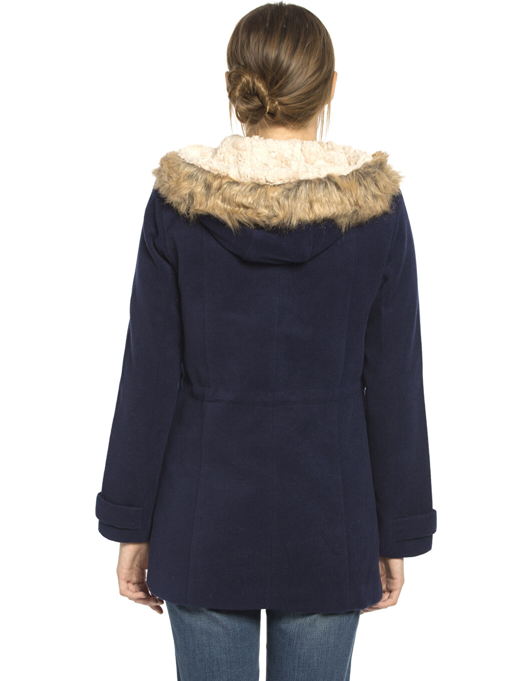 Lacivert Kapüşonlu Düz Uzun Kollu Kadın Kaban-2