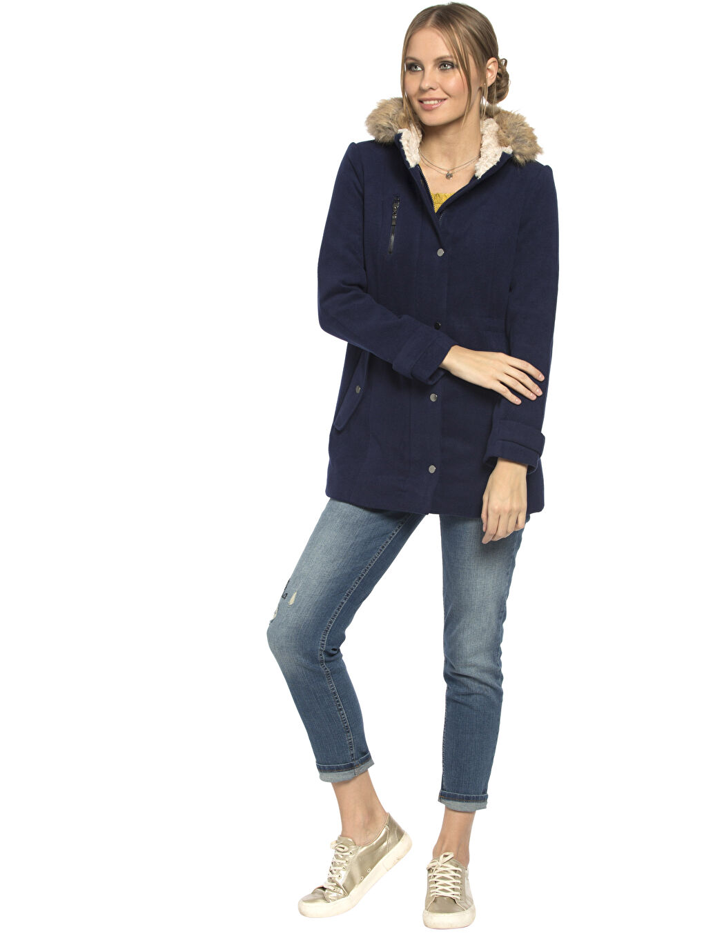 Lacivert Kapüşonlu Düz Uzun Kollu Kadın Kaban-3