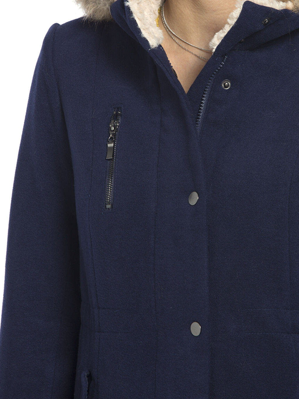 Lacivert Kapüşonlu Düz Uzun Kollu Kadın Kaban-4