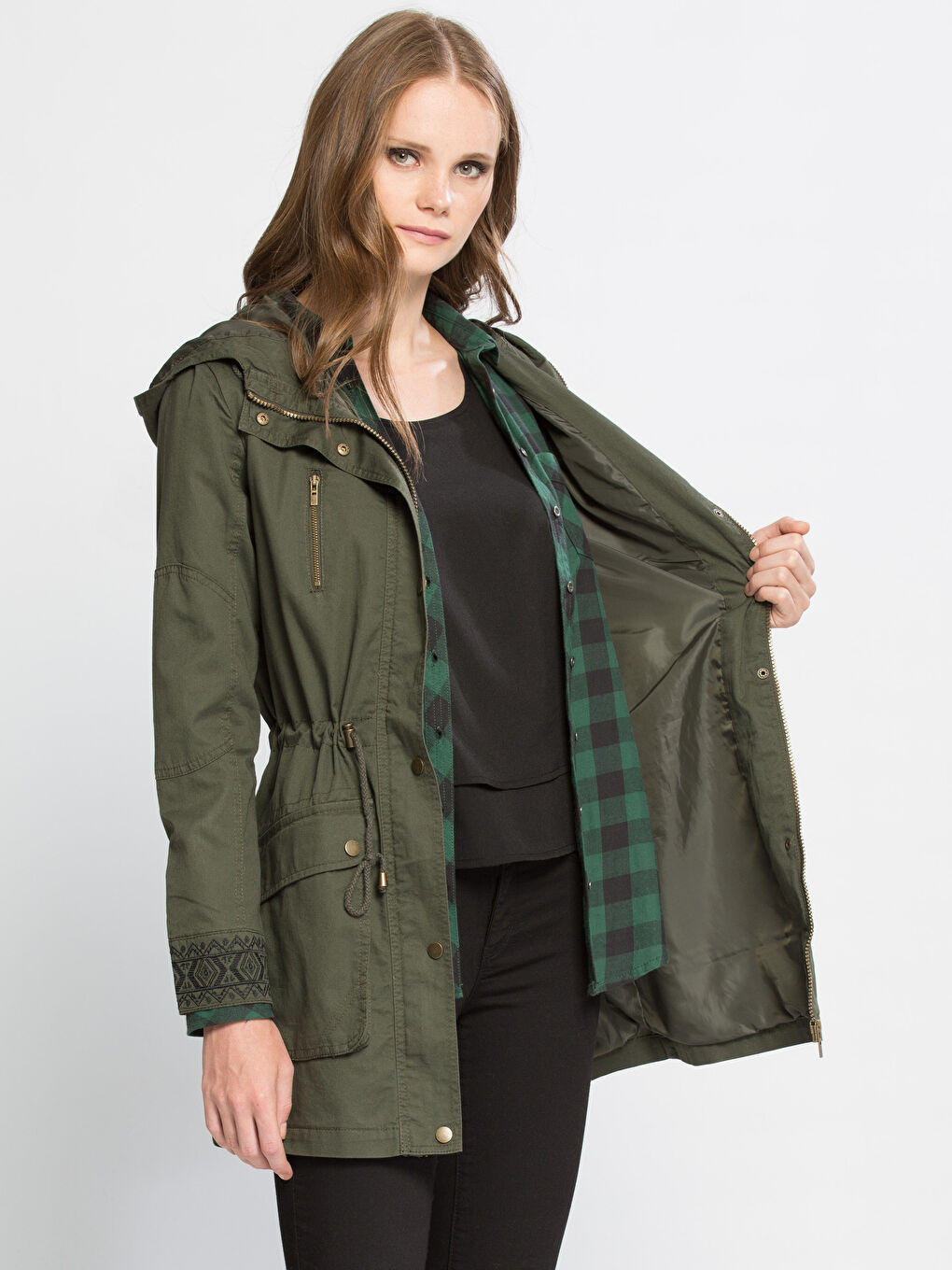 Haki Kadın Kapüşonlu Düz Mont-1