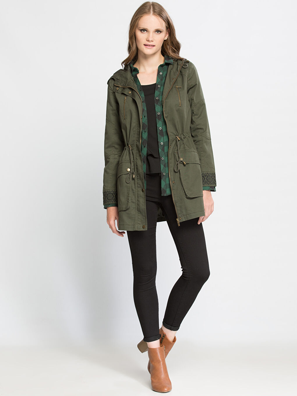 Haki Kadın Kapüşonlu Düz Mont-3