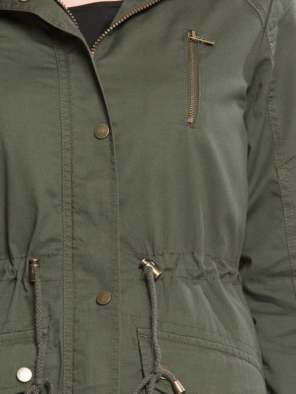 Haki Kadın Kapüşonlu Düz Mont-4