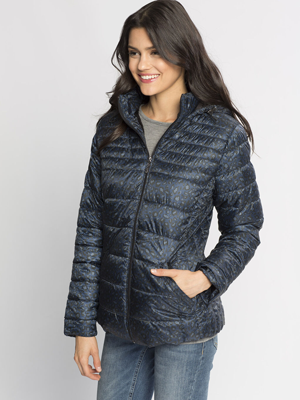 Lacivert Baskılı Şişme Mont