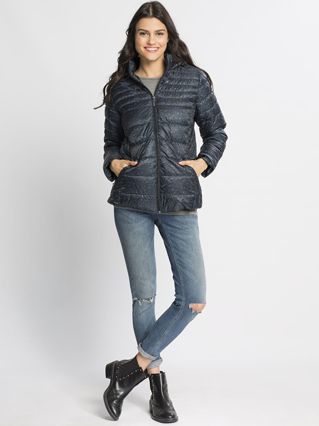 Lacivert Baskılı Şişme Mont-2