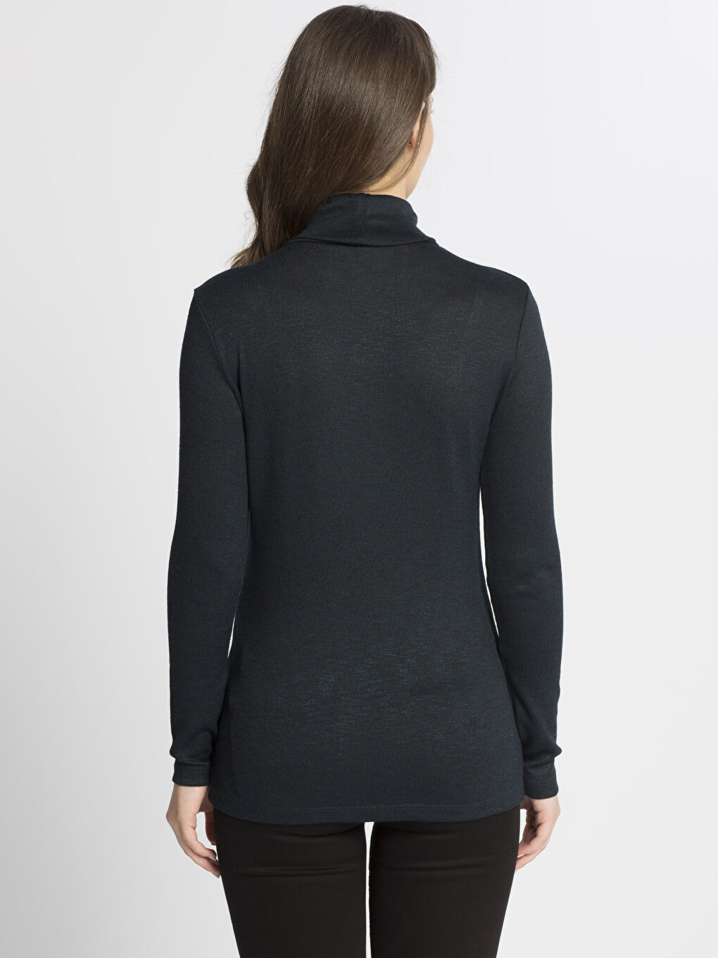 Petrol Dik Yaka Düz Uzun Kollu Kadın Tişört-1