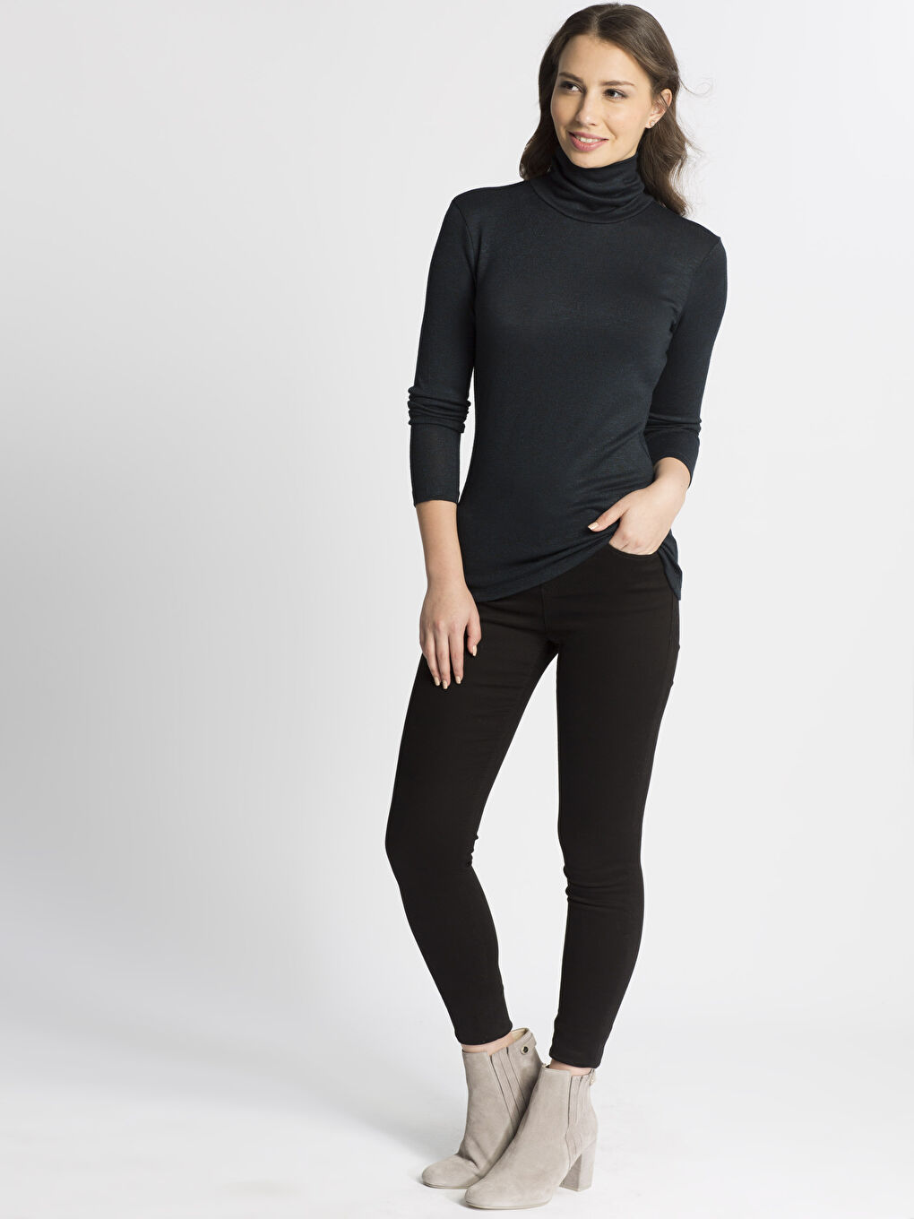 Petrol Dik Yaka Düz Uzun Kollu Kadın Tişört-2