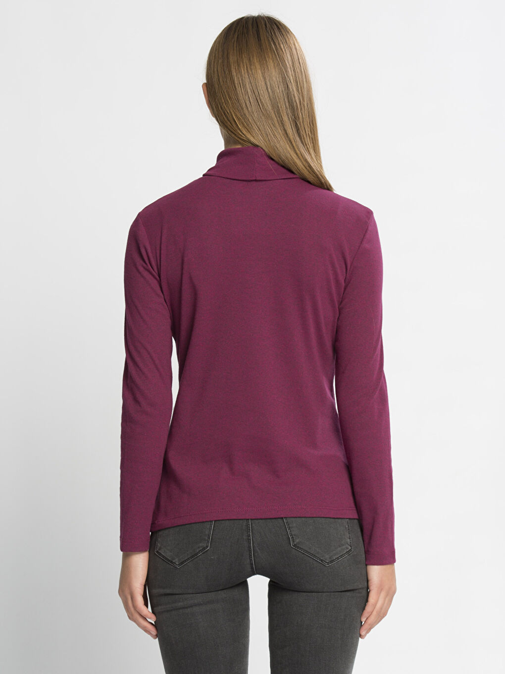 Bordo Dik Yaka Düz Uzun Kollu Kadın Tişört-1