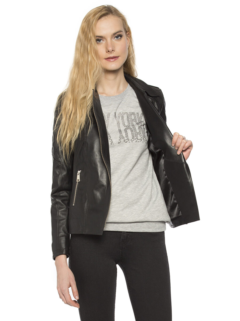 Siyah Deri Görünümlü Mont-1