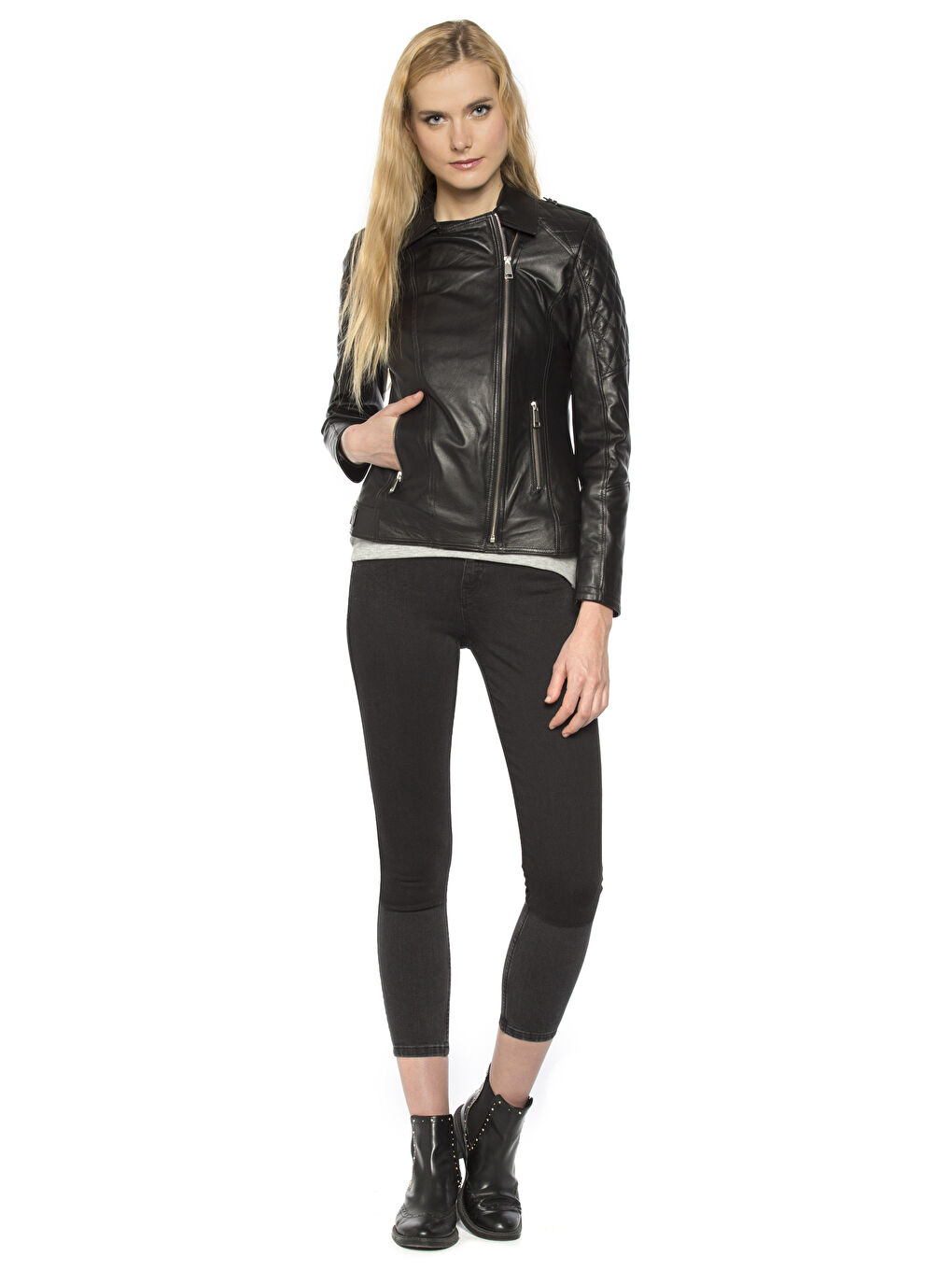 Siyah Deri Görünümlü Mont-3