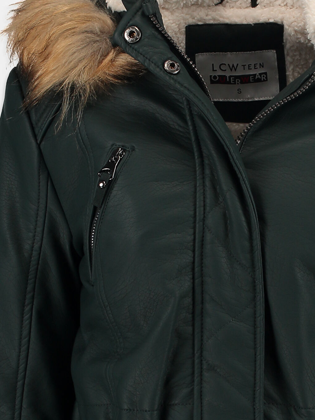 Yeşil Emerald Green Deri Görünümlü Mont-3