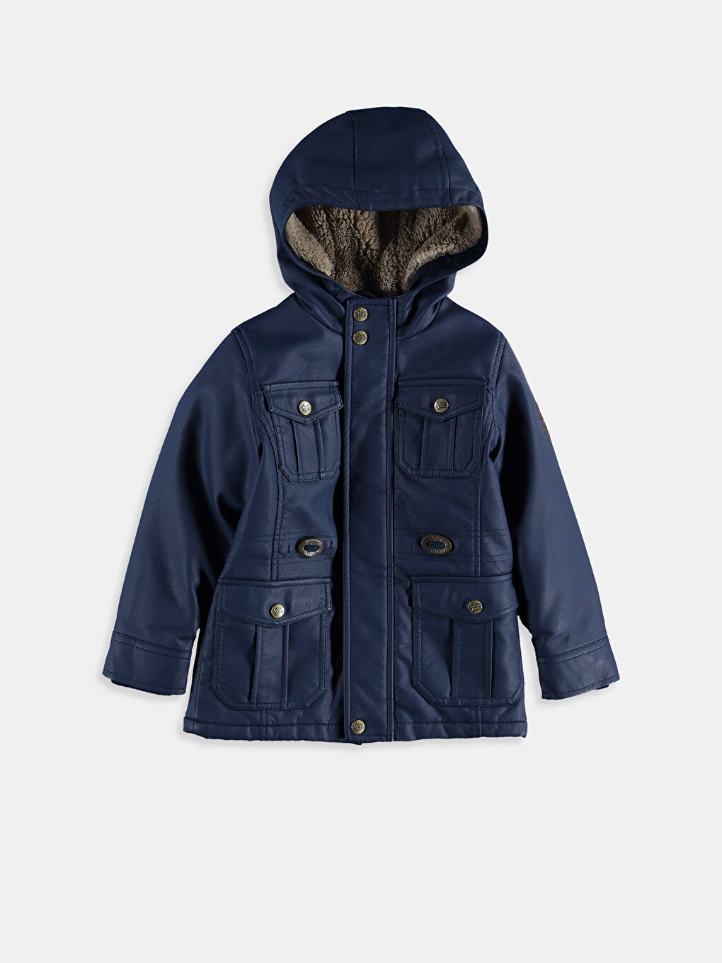 Lacivert Deri Görünümlü Mont