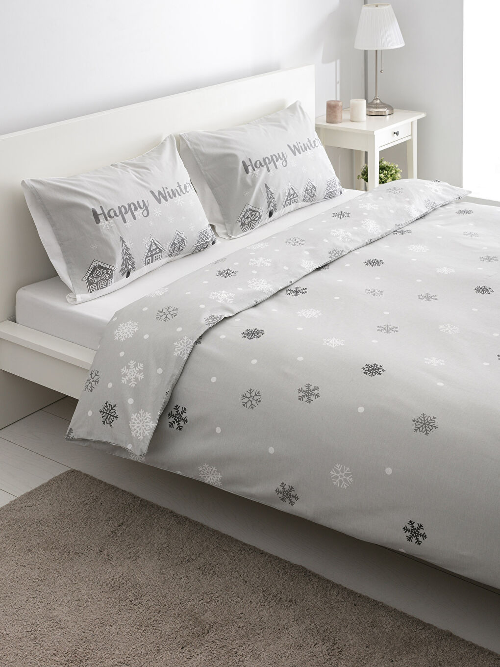 Gri Baskılı Çift Kişilik Nevresim Seti