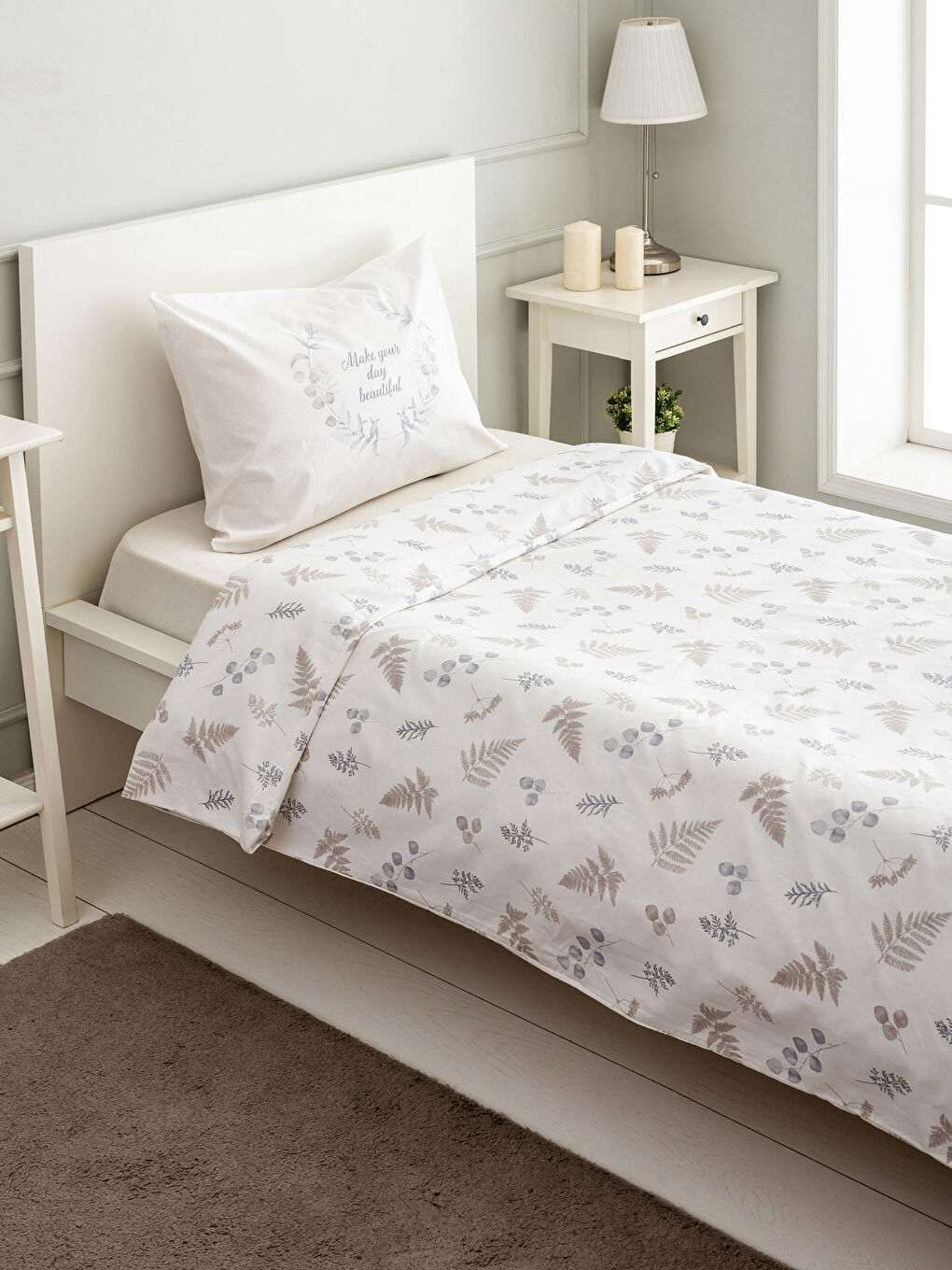 Bej Baskılı Tek Kişilik Nevresim Seti