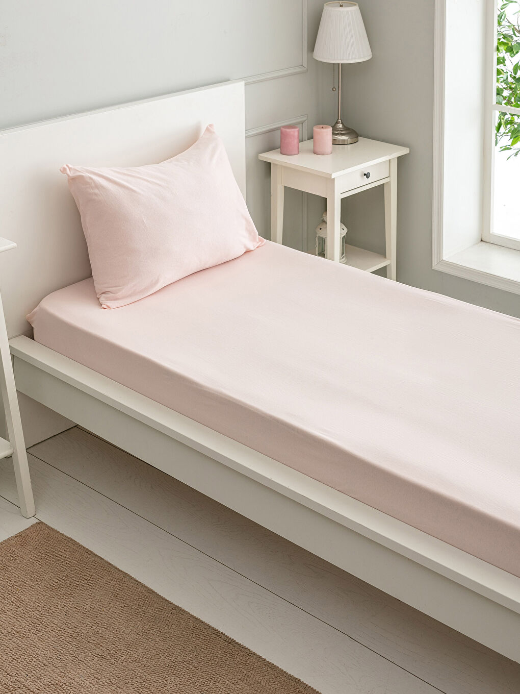 Pembe Tek Kişilik Lastikli Pamuklu Penye Çarşaf Seti