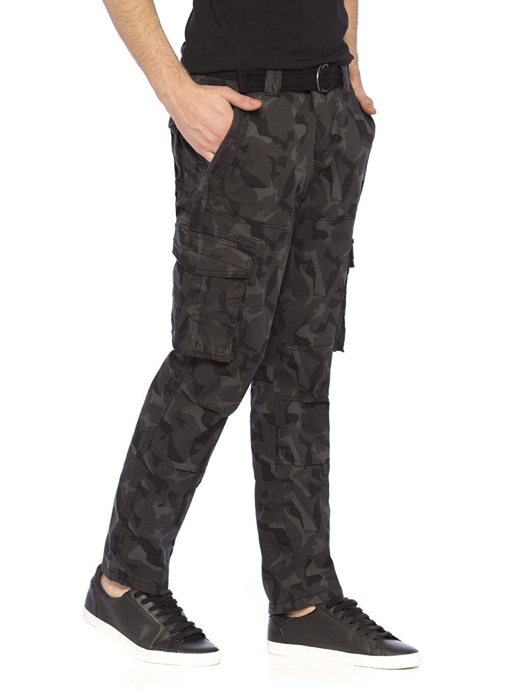Siyah Regular Fit Kamuflaj Desenli Erkek Kargo Pantolon-2