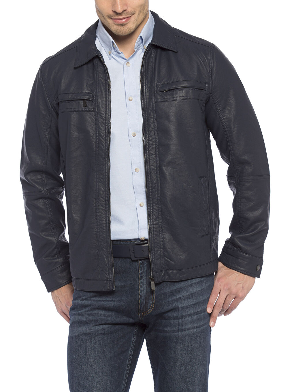 Lacivert Koyulacivert Deri Görünümlü Mont