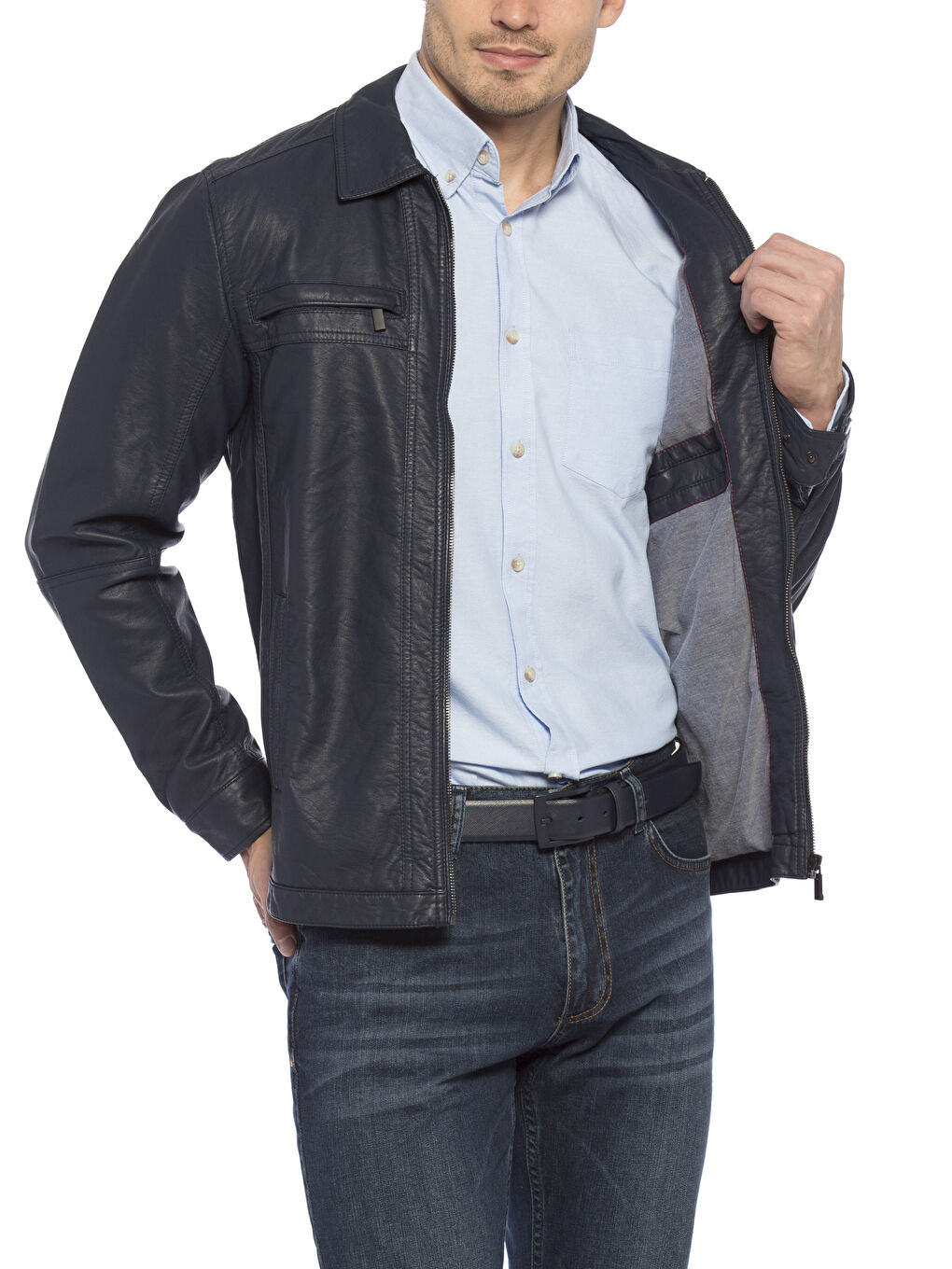 Lacivert Koyulacivert Deri Görünümlü Mont-1