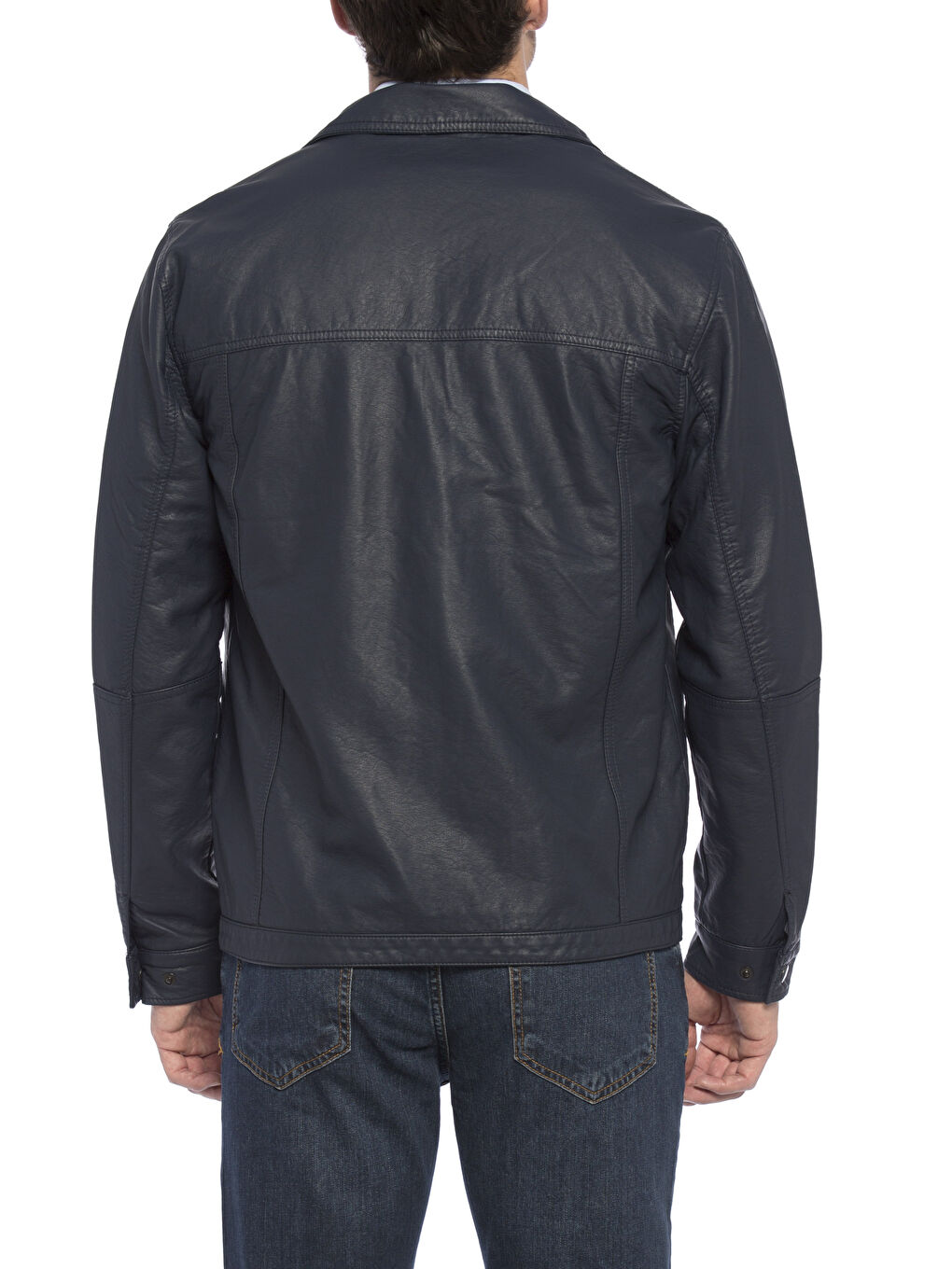 Lacivert Koyulacivert Deri Görünümlü Mont-2