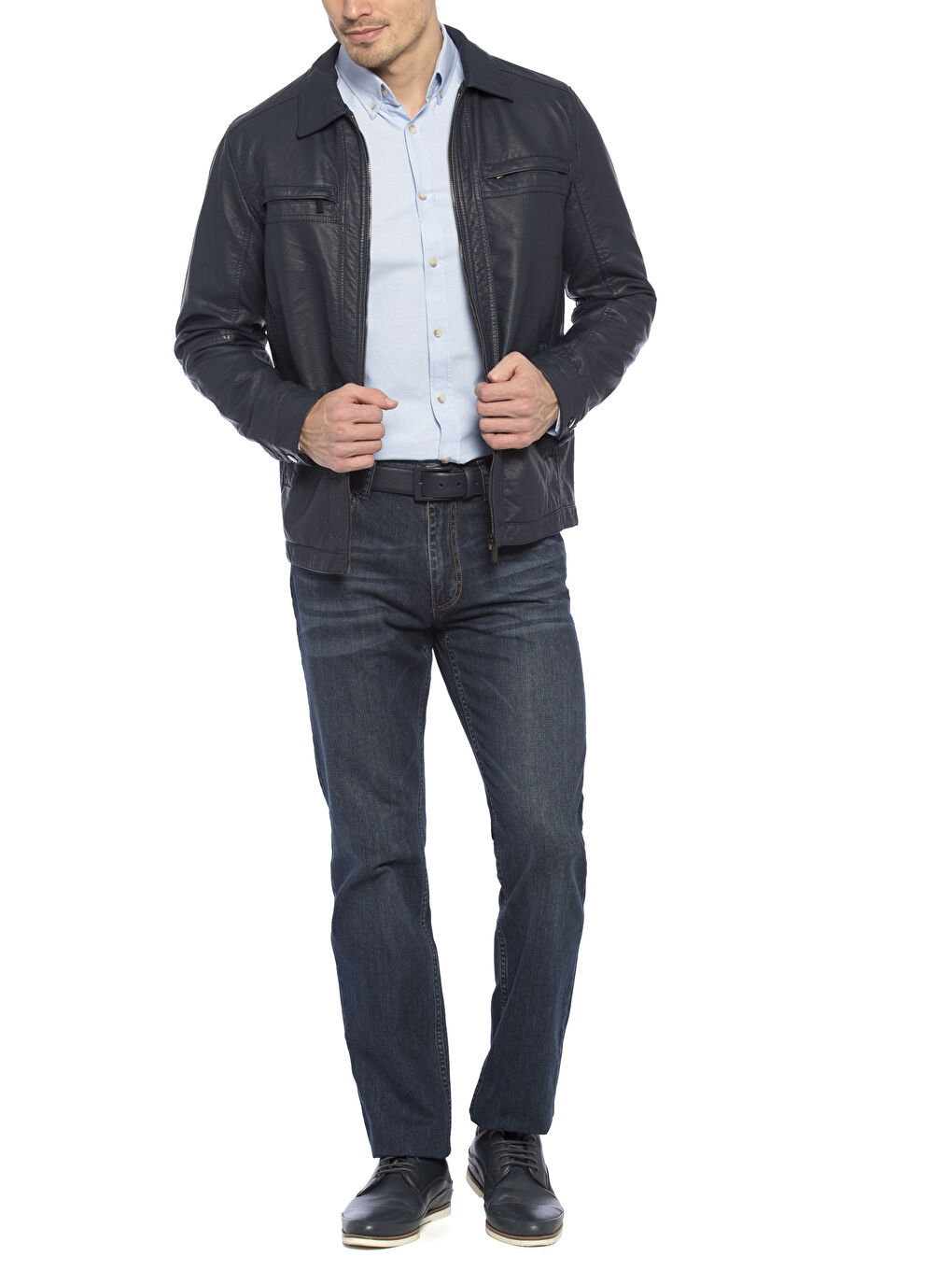 Lacivert Koyulacivert Deri Görünümlü Mont-3