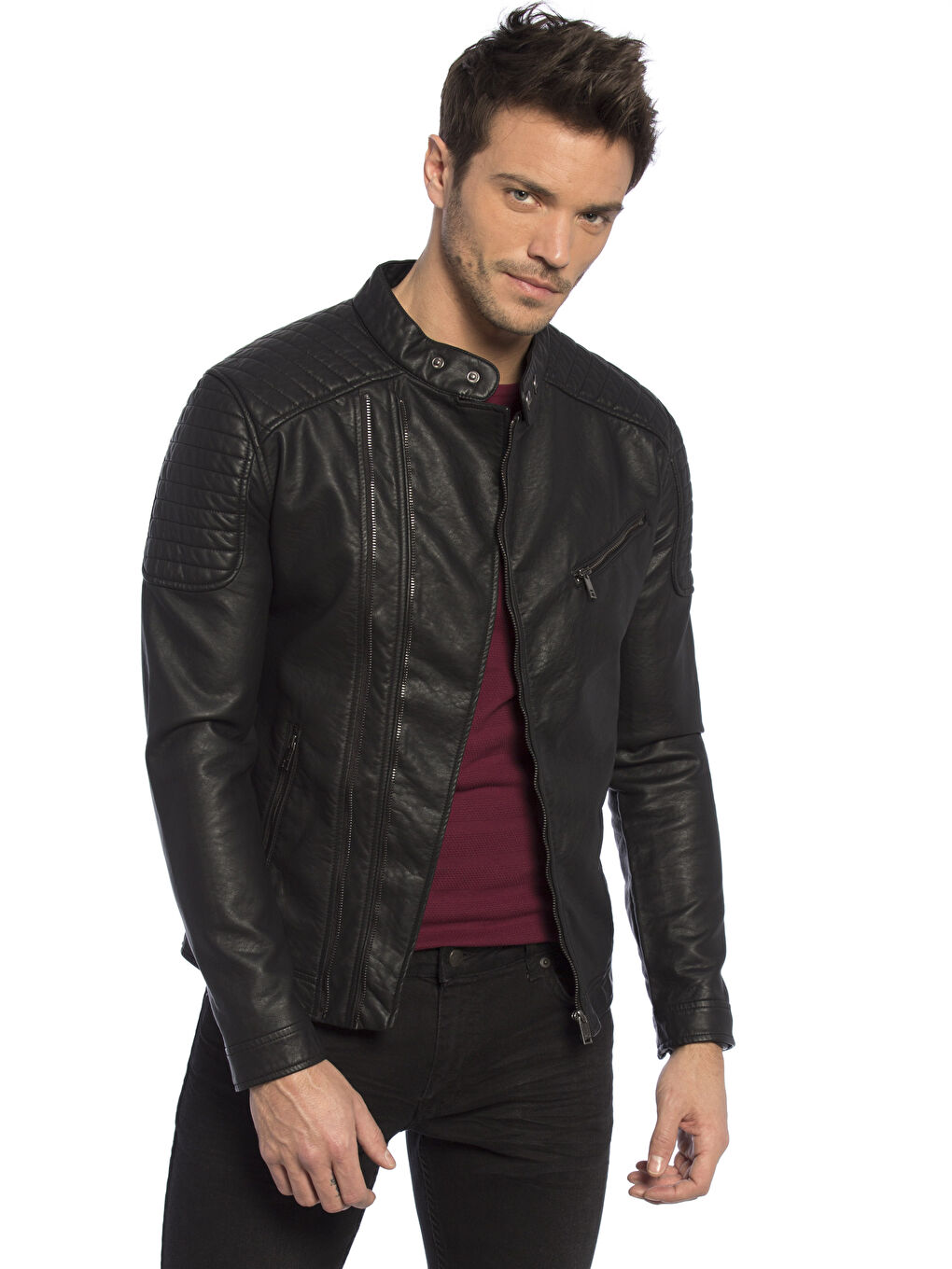 Yeni Siyah Deri Görünümlü Mont-2