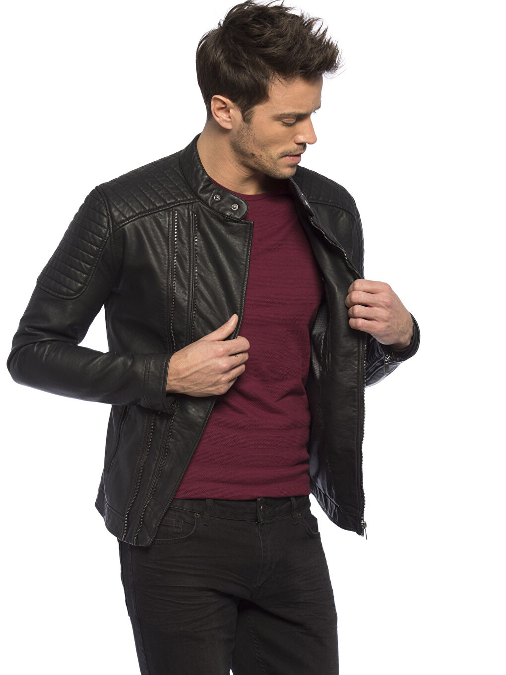 Yeni Siyah Deri Görünümlü Mont-3