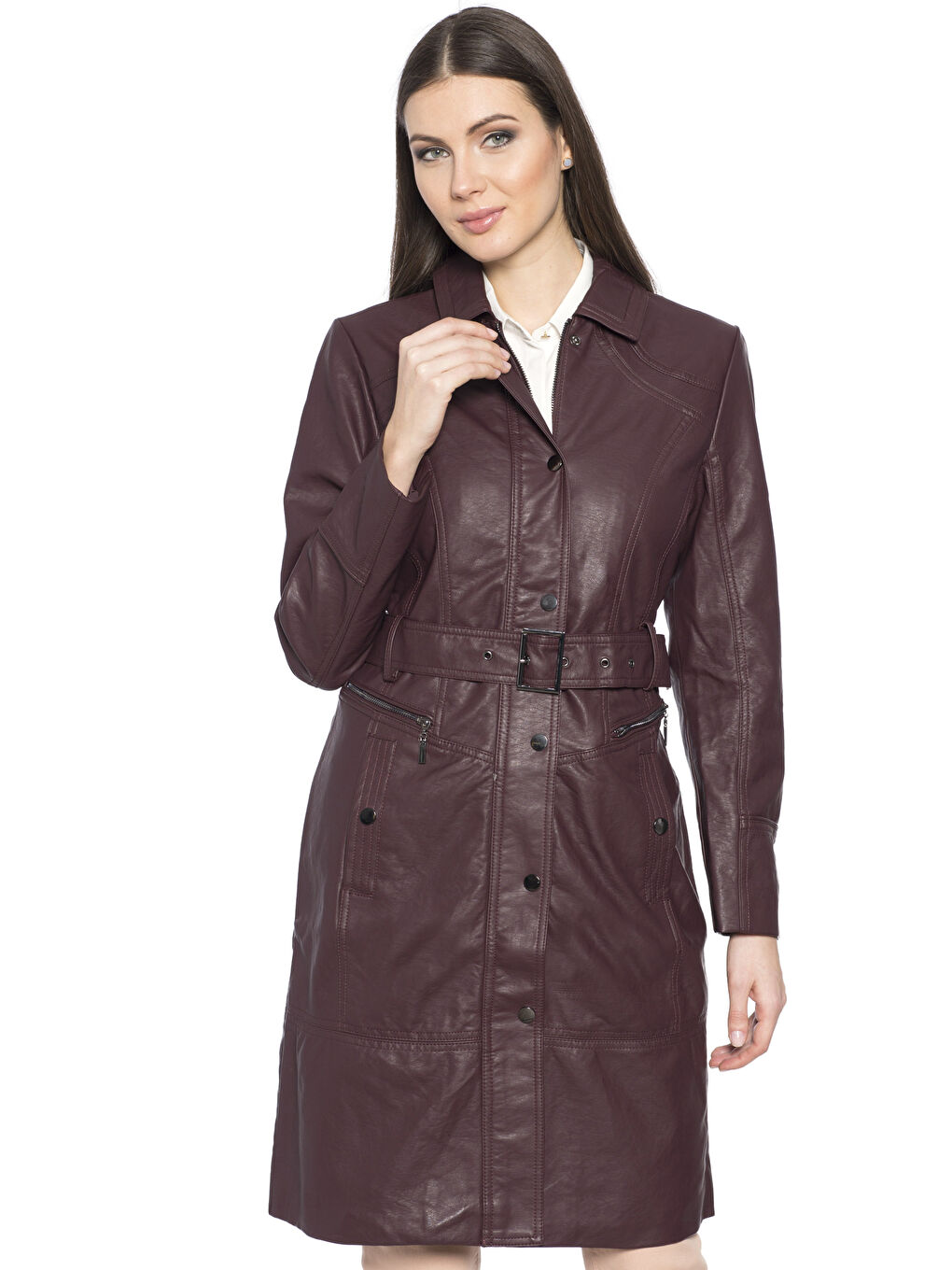 Bordo Deri Görünümlü Mont