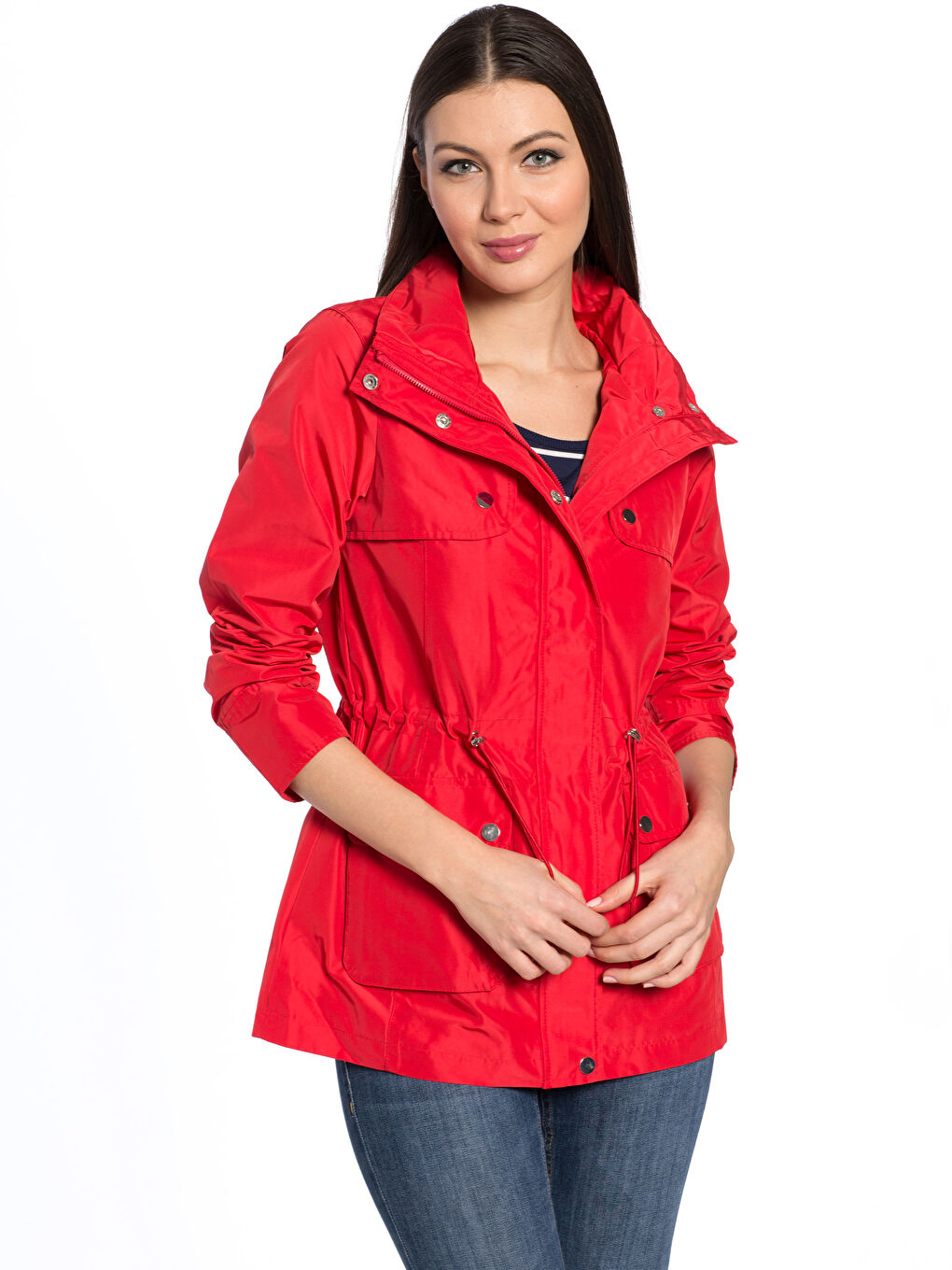 Pembe Dik Yaka Düz Uzun Kollu Kadın İnce Mont