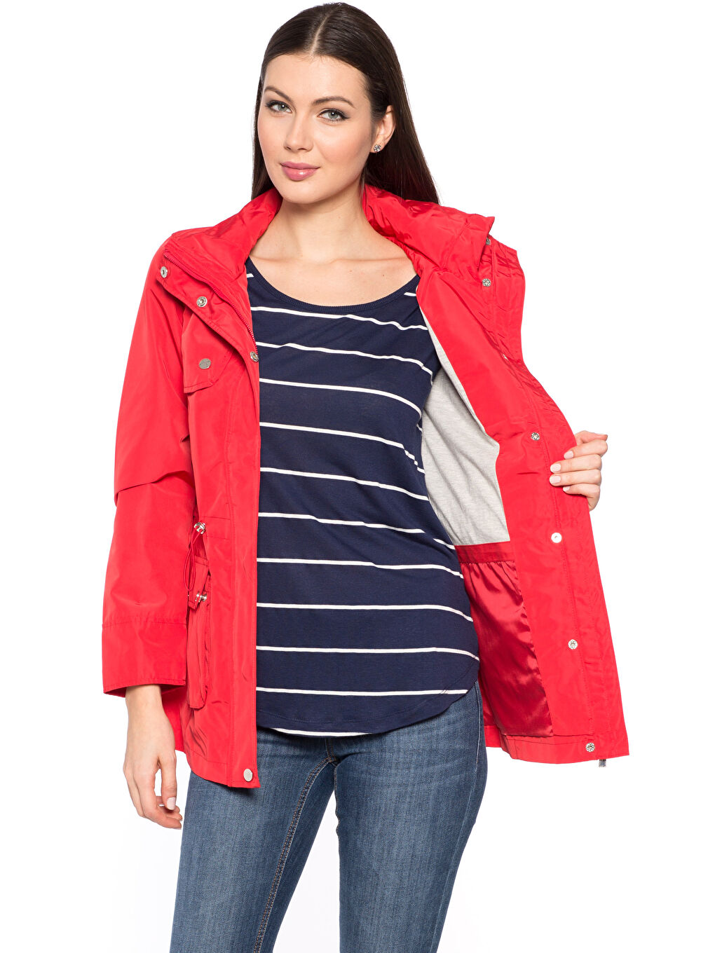 Pembe Dik Yaka Düz Uzun Kollu Kadın İnce Mont-1