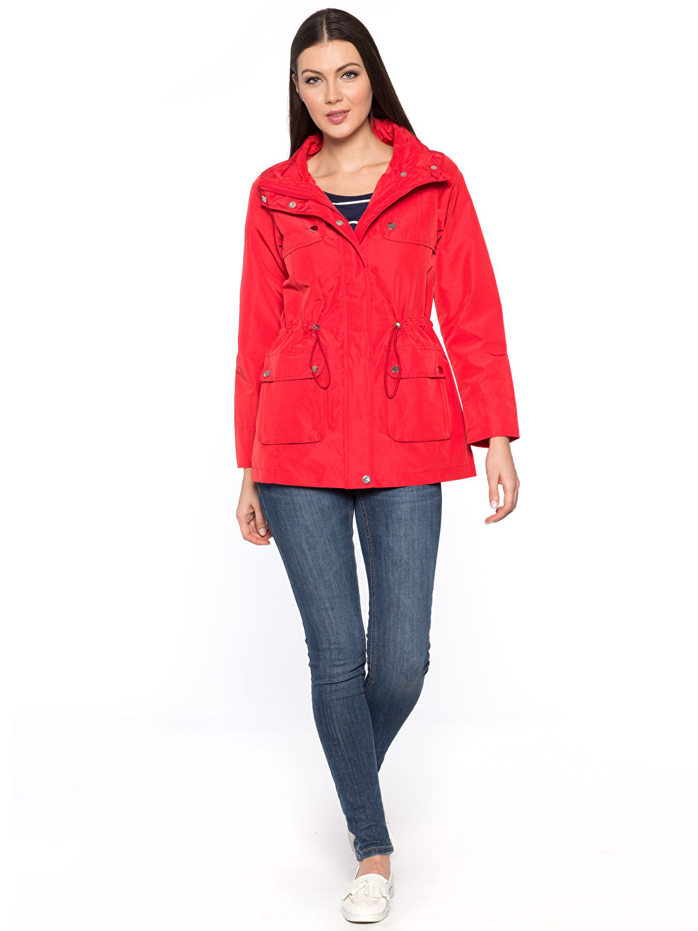 Pembe Dik Yaka Düz Uzun Kollu Kadın İnce Mont-4