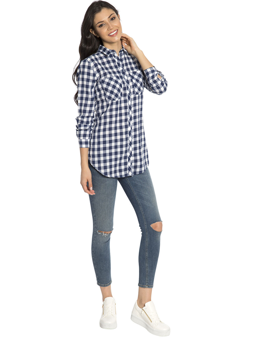 Lacivert Uzun Kollu Kadın Gömlek Tunik-2