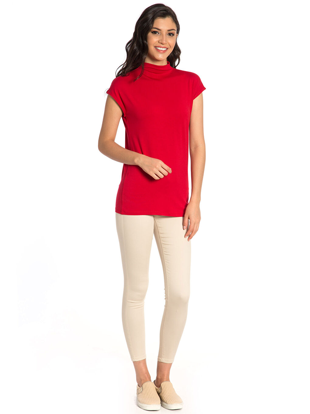 Kırmızı Dik Yaka Düz Kısa Kollu Kadın Tişört-2