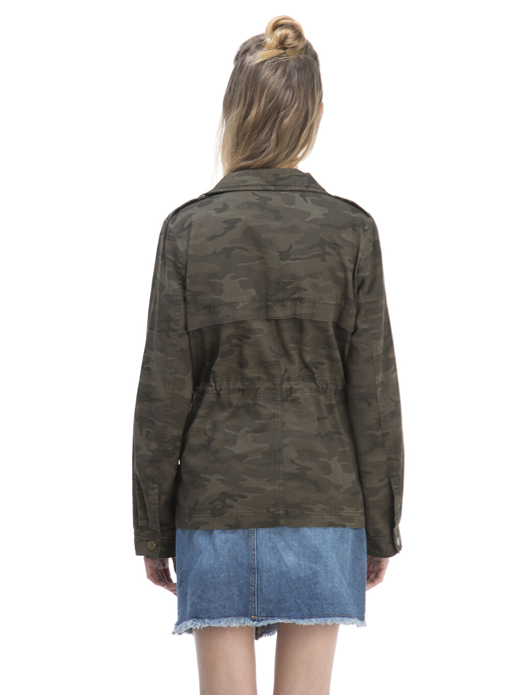 Gri Dik Yaka Desenli Uzun Kollu Kadın İnce Mont-1