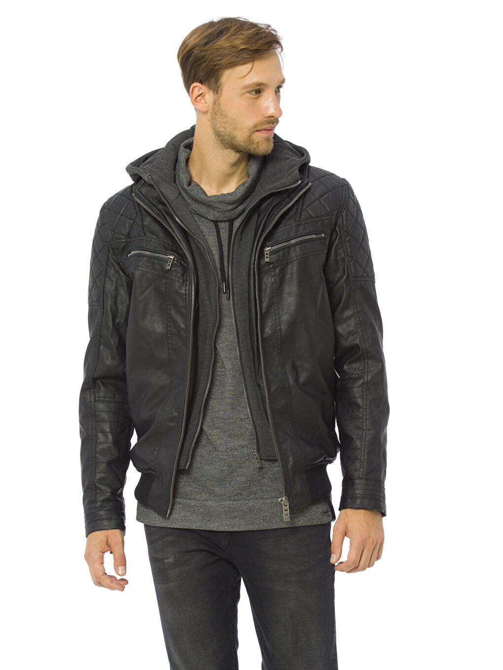 Siyah Sıyah Deri Görünümlü Mont