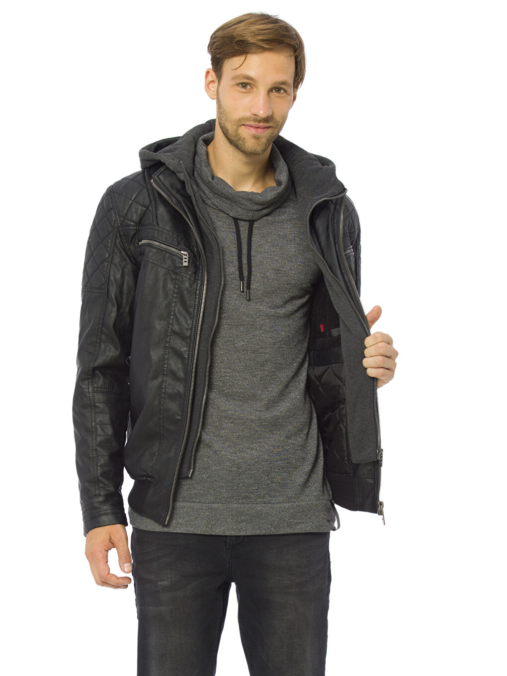 Siyah Sıyah Deri Görünümlü Mont-1