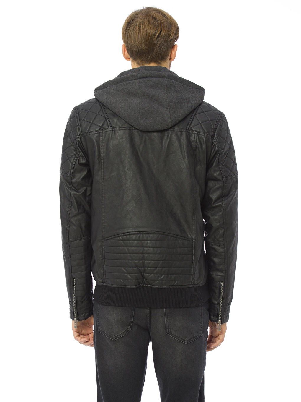 Siyah Sıyah Deri Görünümlü Mont-2