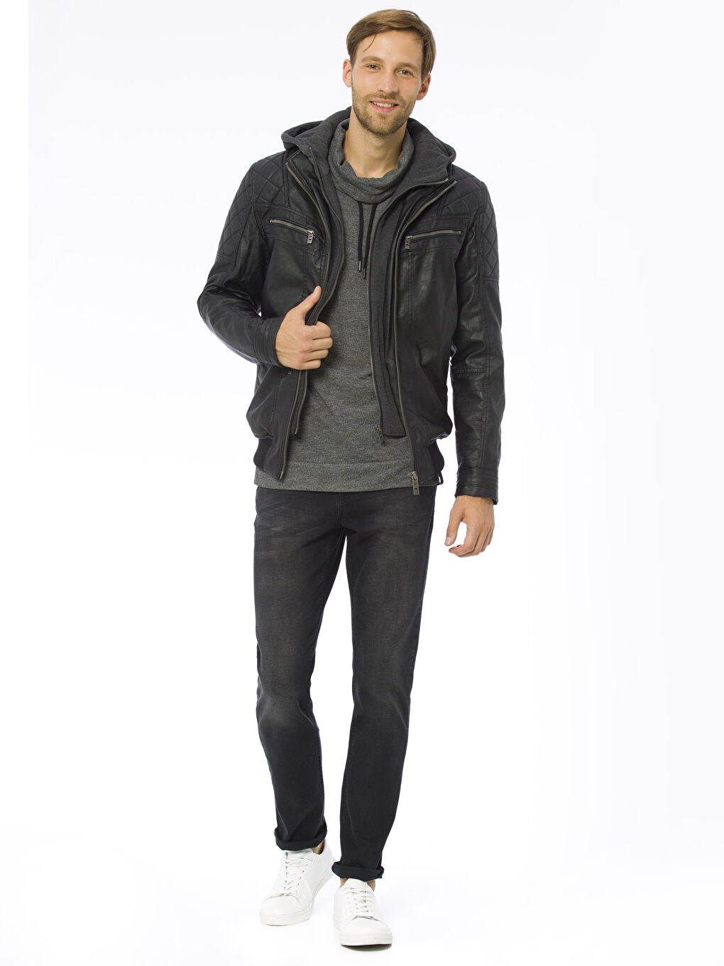 Siyah Sıyah Deri Görünümlü Mont-3