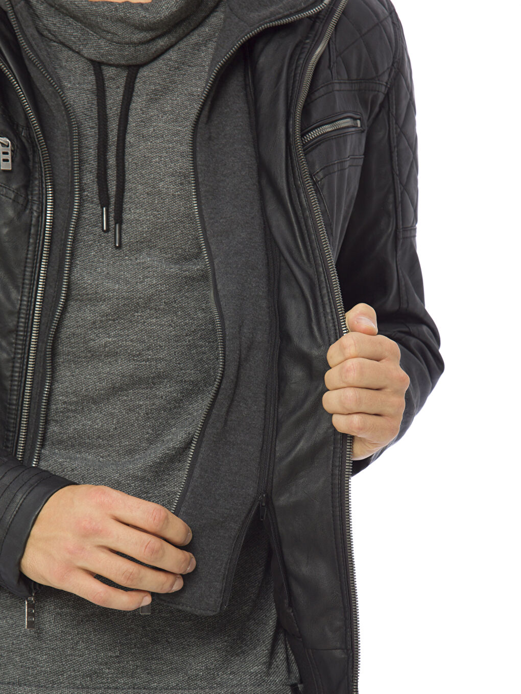 Siyah Sıyah Deri Görünümlü Mont-4