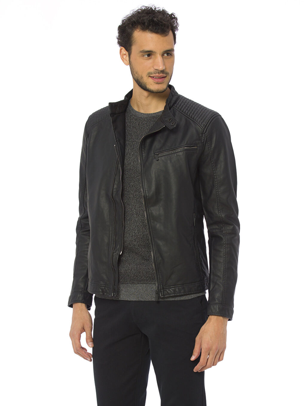 Yeni Siyah Deri Görünümlü Mont