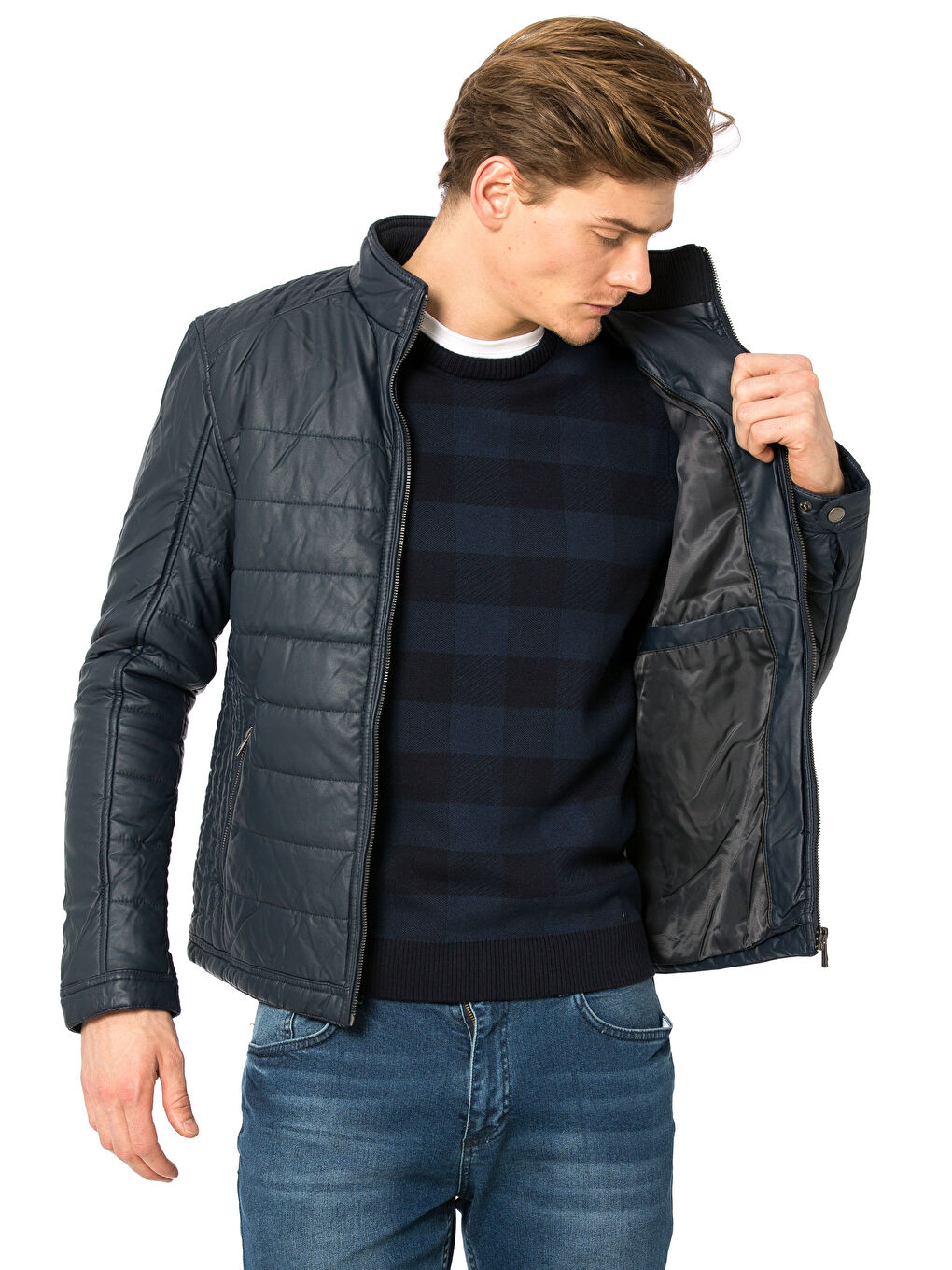 Lacivert Deri Görünümlü Mont-1