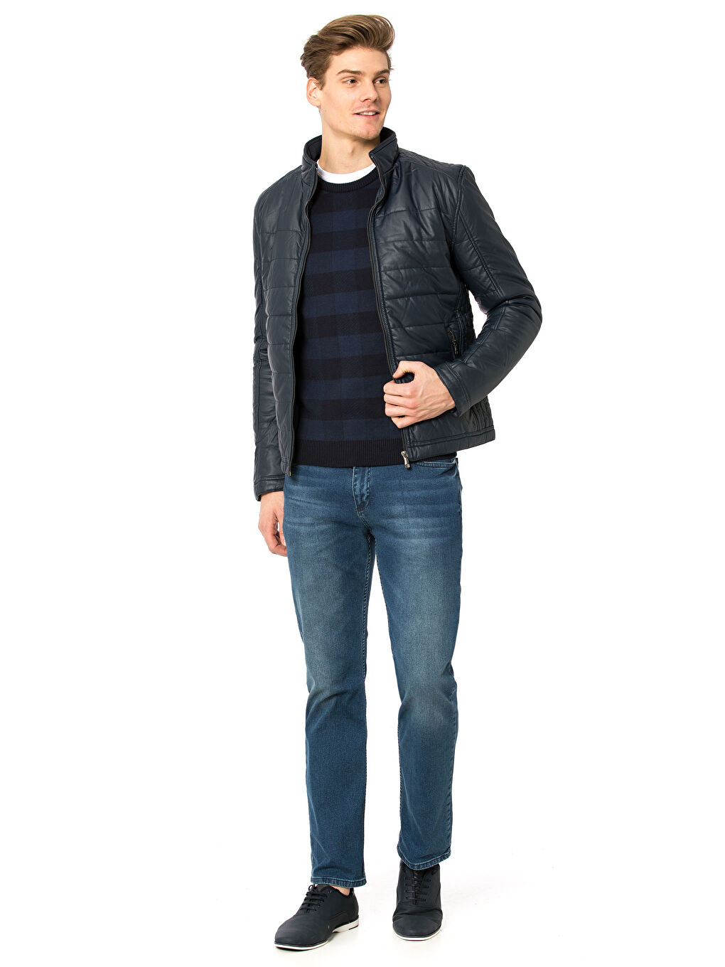 Lacivert Deri Görünümlü Mont-3