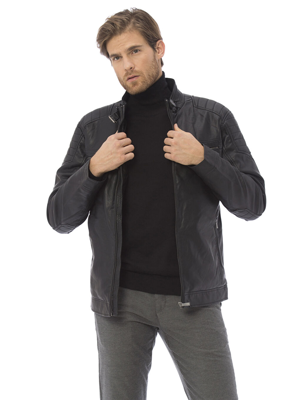 Yeni Siyah Deri Görünümlü Mont-1