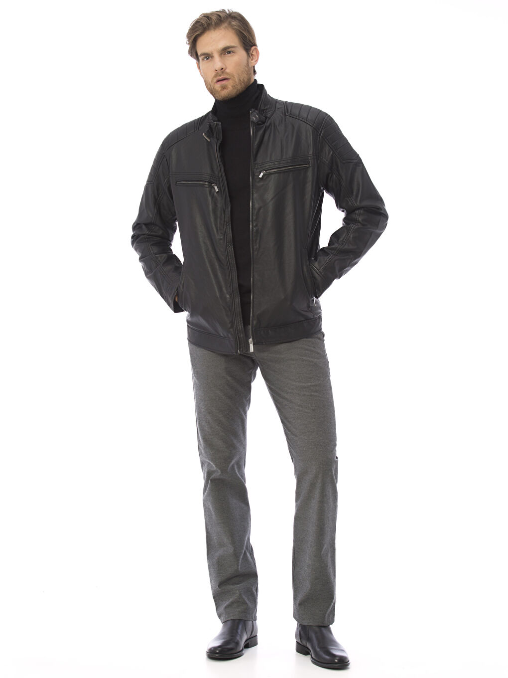 Yeni Siyah Deri Görünümlü Mont-4